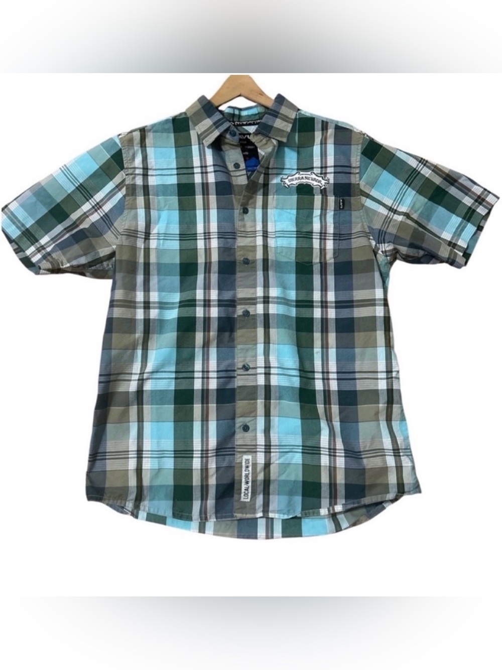 KAVU Men's Plaid Short-Sleeve Button-Up Camp Shirt - Teal & Green Sierra Nevada